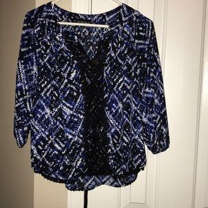 Blue, black, and white blouse